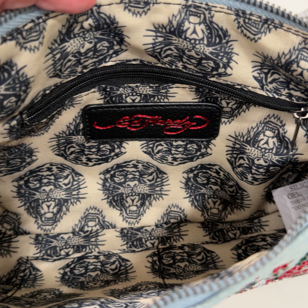 Ed Hardy Love Kills Slowly Denim Rhinestone Shoulder Bag Blue Y2K Tattoo Bag NWT - Picture 7 of 10